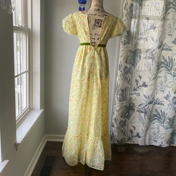 Vintage 1970s Handmade Floral Empire Waist Regency Prairie Formal Prom Dress - Picture 3 of 14